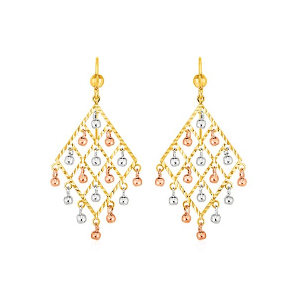 Textured Chandelier Earrings with Ball Drops in 14k Tri Color Gold