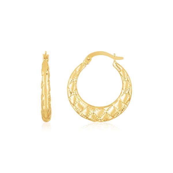 14K Yellow Gold Puffed Checkerboard Hoops