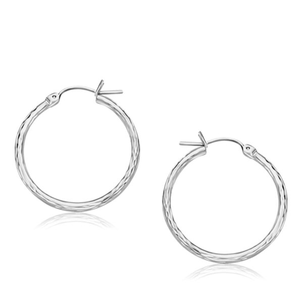 14k White Gold Diamond Cut Hoop Earrings  (2x25mm)