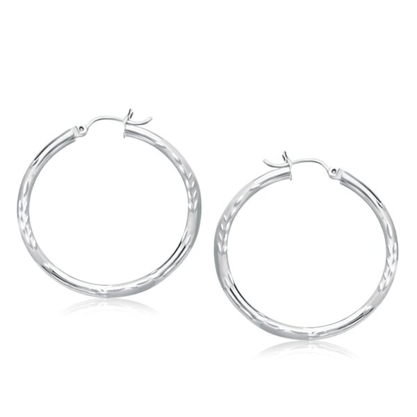 14k White Gold Fancy Diamond Cut Hoop Earrings (3x35mm)