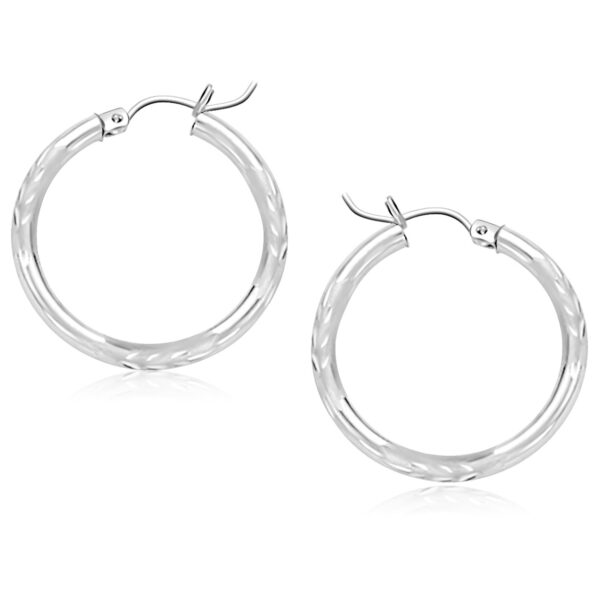 14k White Gold Diamond Cut Hoop Earrings (3x25mm)