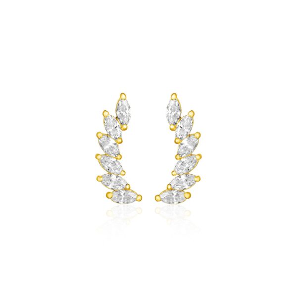 14k Yellow Gold Leaf Motif Climber Post Earrings with Marquise Cubic Zirconias