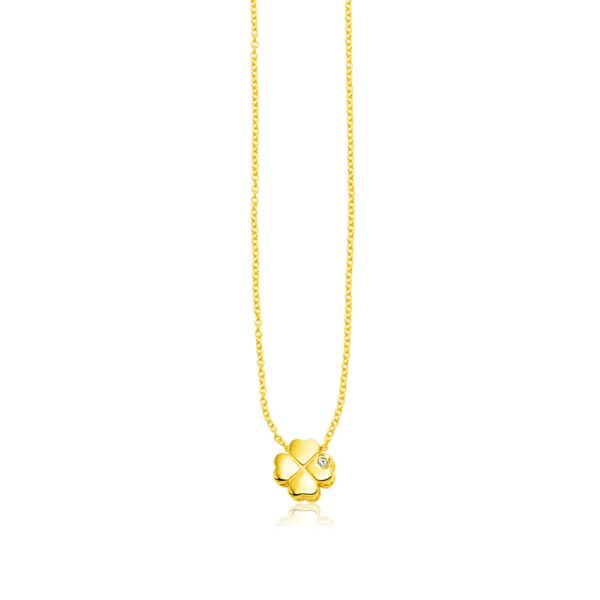 14k Yellow Gold Polished Four Leaf Clover Necklace with Diamond