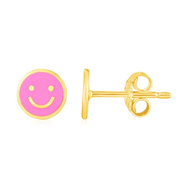 14k Yellow Gold and Enamel Pink Smiley Face Stud Earrings(6.8mm)